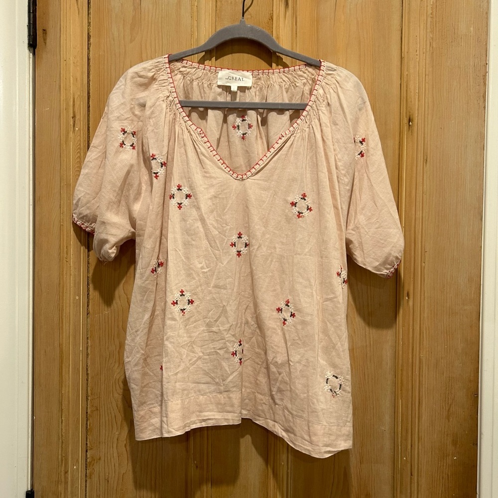 THE GREAT. Boho Embroidered Peasant Top